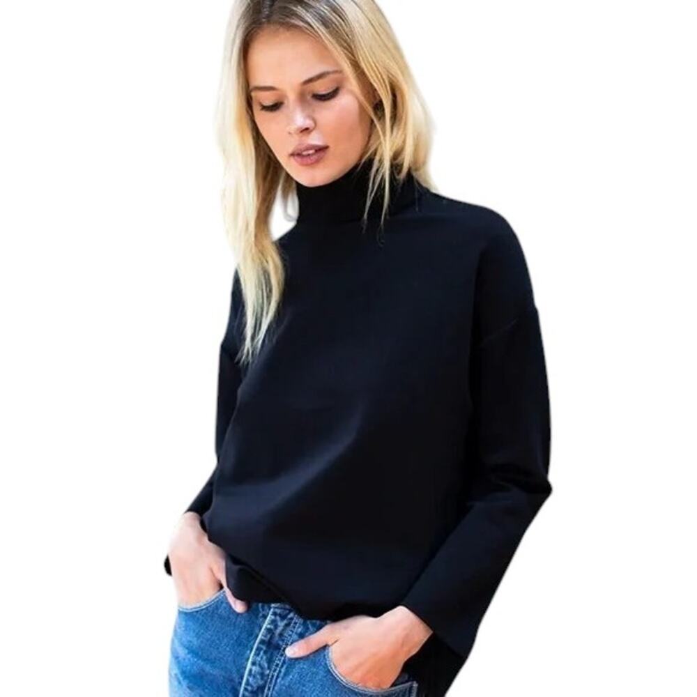 Emerson Fry Women's Black Ponte Boxy Mock Neck Back Zip Edie Top Size XXS